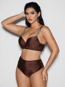 Shapewave 两件套女士塑形钢圈加厚比基尼套装，后背交叉系带设计，侧边褶皱内裤，适合夏季海滩度假 - 咖啡棕 - 查看 4
