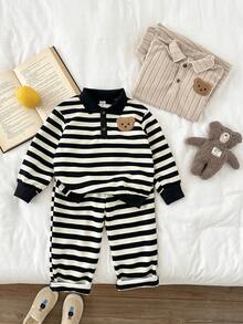 LMoss Kids LMoss 4pcs/Set Young Boy Striped Long Sleeve Polo Collar Sweatshirt And Elastic Waist Casual Pants Set, Autumn/Winter - Multicolor - View 3