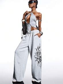 LYSMO Women's Printed Elastic Waist Pockets Wide Leg Loose Casual Sweatpants - Grey - View 6