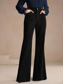 Anewsta 女士黑色灯芯绒裤，铆钉口袋设计，优雅商务休闲喇叭裤，适合秋冬季穿着