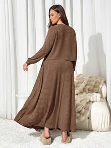 Auralis Plus Size Casual Solid Color Top And Skirt 2 Pieces Set, Brown/ Spring - Brown - View 3