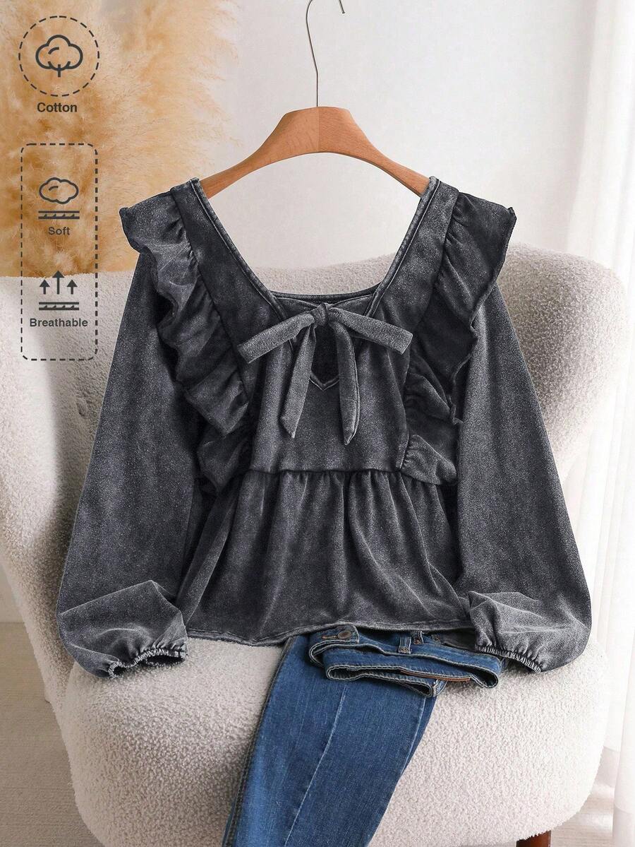 CosyJoli Áo thun cổ vuông tay bồng cỡ lớn, thắt nơ, dài tay, mặc hàng ngày đa năng - Màu xám đen - Xem 1