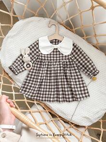 Cozy Pixies Baby Girl Brown Plaid Contrast Bow Collar Puff Sleeve Soft & Comfortable Dress - Coffee Brown - View 10
