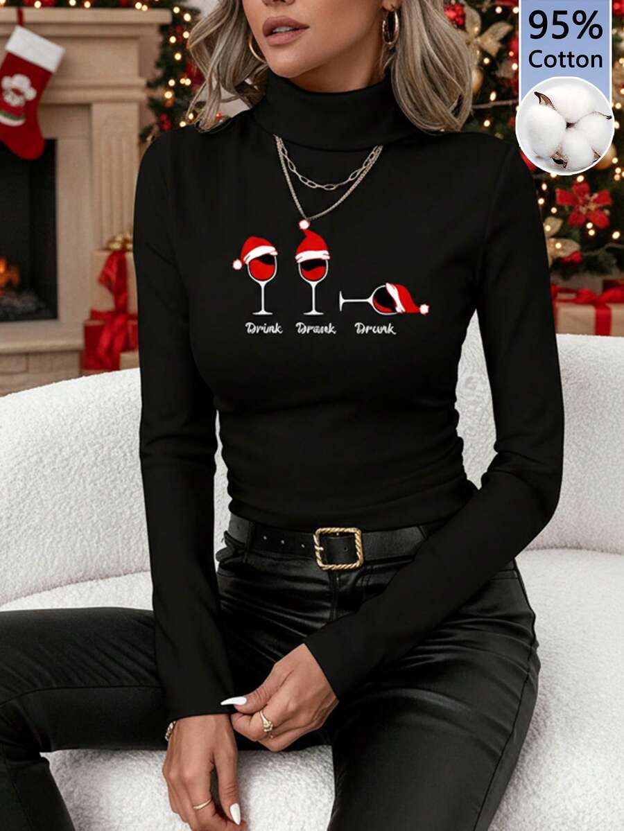 SHEIN Clasi 95%纯棉女士休闲高领修身长袖T恤，饰有圣诞葡萄酒图案，优雅经典，适合秋冬季节，百搭实用，秋季女士休闲外穿 - 黑色 - 查看 1