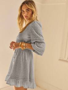 Aralina Lace Insert Long Sleeve Button Up Ruffle Hem Elegant Mini Shift Shirt Dress - Dusty Blue - View 3