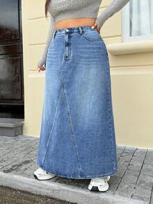 Jeanoix Plus Size Color Block Zipper Pocket Casual Versatile Denim Skirt - Blue - View 4