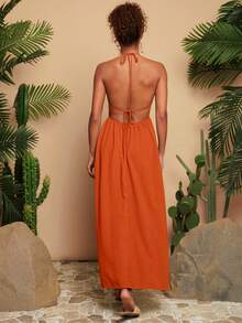 Travachic Váy không tay cổ chữ V màu trơn dành cho nữ - trái cam - Xem 2