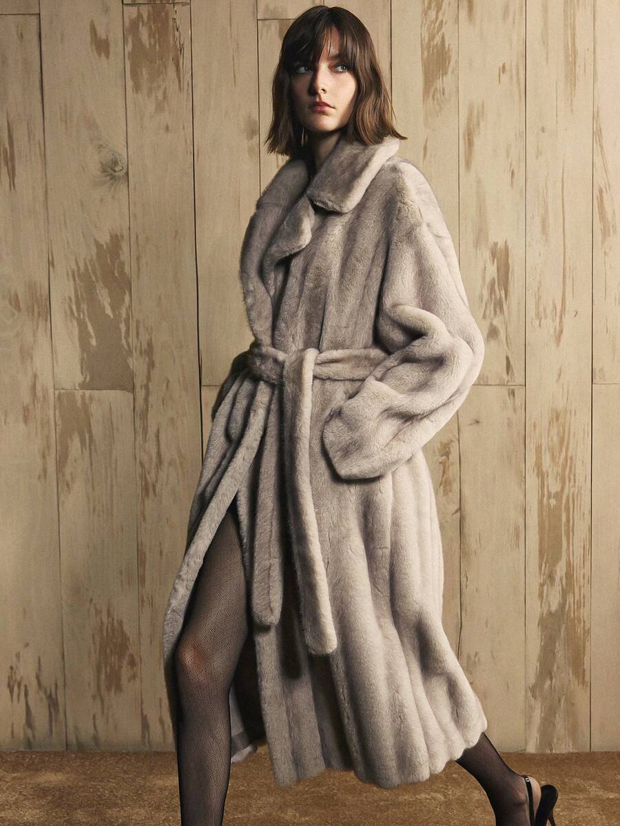 Arave Manteau long en tissu duveteux bleu sarcelle clair pour femmes, coupe ample, grand col à revers, design avec ceinture, élégant, col moelleux, veste de mode moderne pour rendez-vous, fête de vacances - Gris pâle - Voir 1