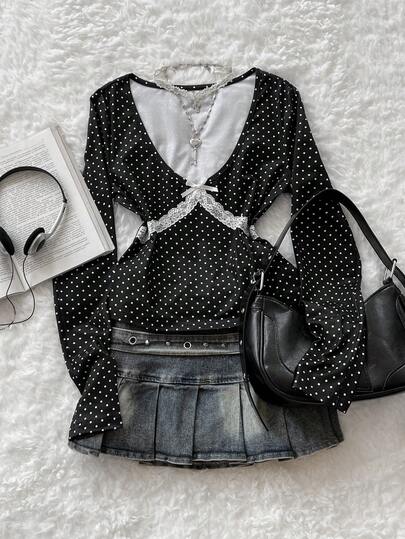 Elamini 女士深V领黑白波点印花长袖T恤，休闲通勤时尚返校教师款，秋冬季