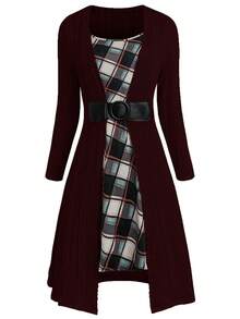Plus Size Women Patchwork Plaid Waist Buckle Design 2 In 1 Long Sleeve Elegant Dress - Burgundy - View 1