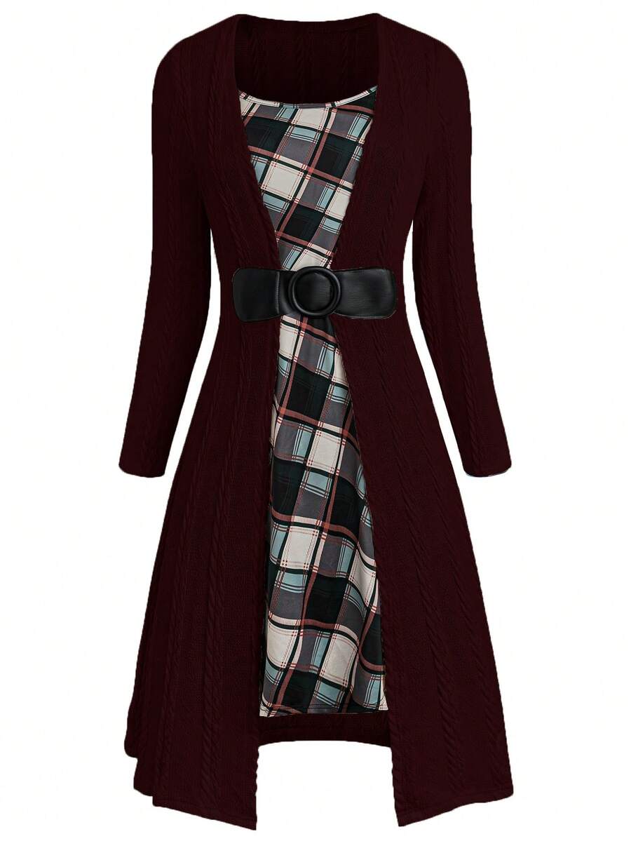 Plus Size Women Patchwork Plaid Waist Buckle Design 2 In 1 Long Sleeve Elegant Dress - Burgundy - View 1