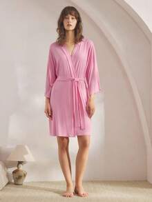 Ocili Comfortable Ribbed Soft & Smooth Robe Sleepwear For Women, Cozy Outfit, Fall & Winter - Pink - View 7