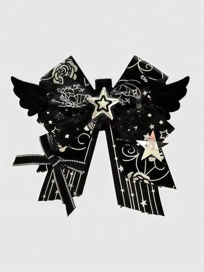 Anime 1pc Kawaii Sweet Cute Music Note Print Lace Patchwork 3D Wing Y2K Star Foil Print Bow Shaped Keychain & Keyring, Handmade Lolita Campus Card Holder Bag Charm