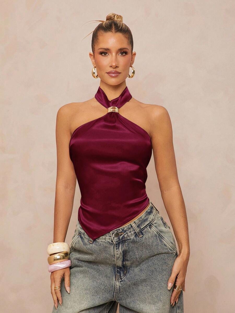 Lumalex Áo tank top satin cổ yếm không lưng, trang trí kim loại, có ruy băng treo, dành cho nữ, màu đỏ, thích hợp cho Giáng sinh. - Màu Đỏ Sâu - Xem 1