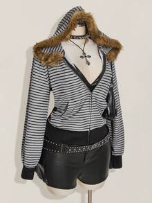 SHEIN ICON 大码黑灰条纹Y2K复古卫衣/冬季女式拉链卫衣 - 黑色 - 查看 3