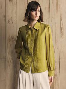 SHEIN LUNE Women's Fabric Straight H-Shaped Shirt, Long Sleeve Daily Commuting Shirt Fall,Olive Green,Autumn,Elegant,Office - Green - View 4