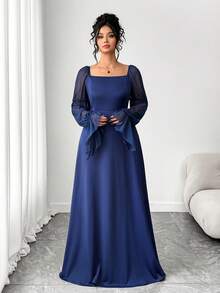 Elenzga 大码女士优雅针织网纱袖方领连衣裙，藏蓝色 - 藏蓝色 - 查看 1