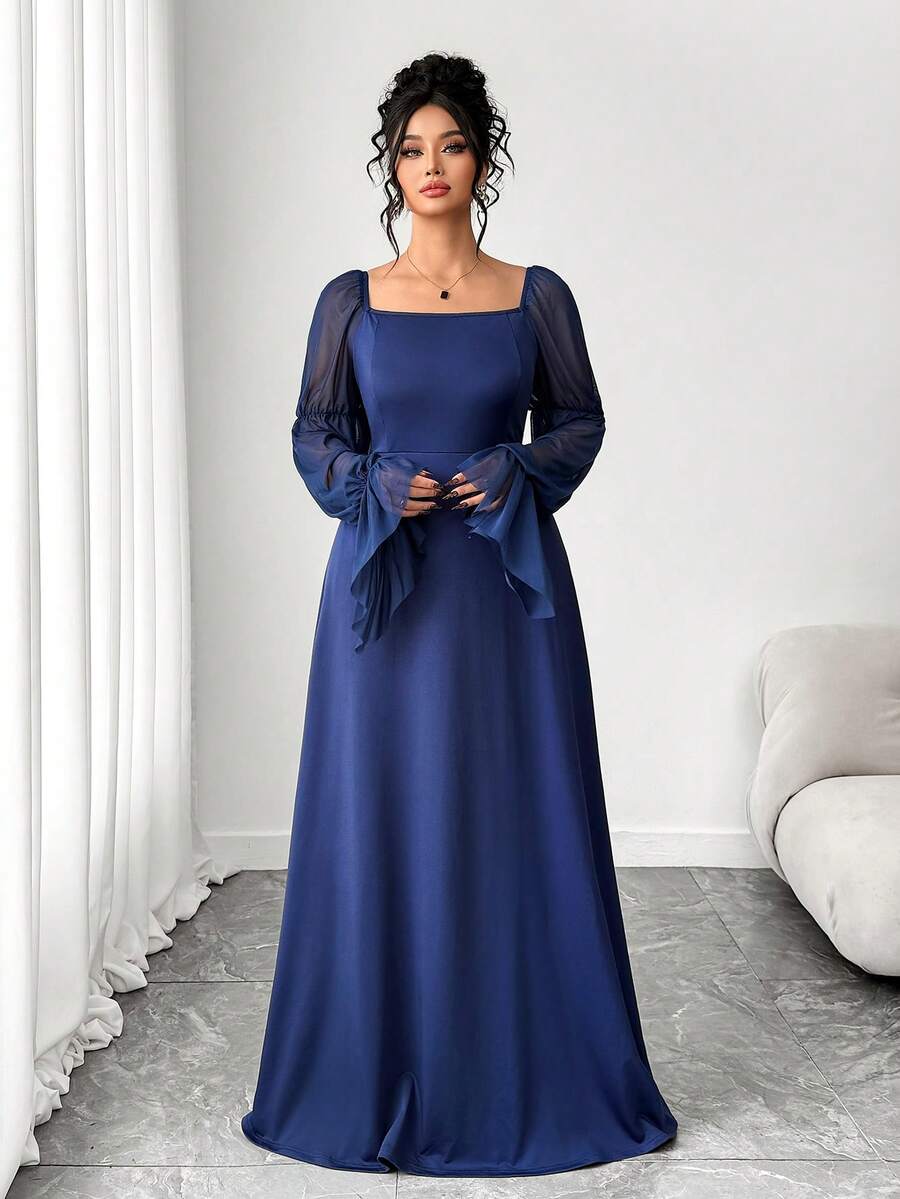 Elenzga 大码女士优雅针织网纱袖方领连衣裙，藏蓝色 - 藏蓝色 - 查看 1