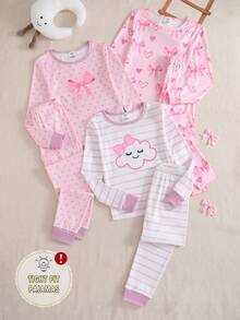 Girls' Pink Cloud, Bow, Polka Dot & Striped Pattern Long Sleeve Pajama Set - Pink - View 7