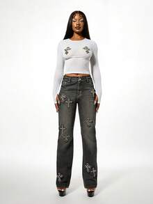 SUMWON WOMEN Long Sleeve Mesh Top With Rhinestone Cross Embellishments Fitted Crop Style For Casual Wear - White - View 3
