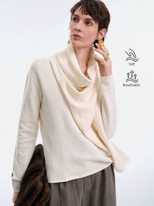 SHEIN LUNE 女士优雅修身不对称下摆长袖毛衣，秋季款 - 杏色 - 查看 2