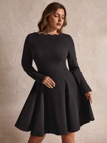 Elegantrix Gaun Mini Kasual Model A-Line dengan Bahu Terbuka dan Hem Bergelombang Ukuran Plus, Musim Gugur/Dingin - Hitam - View 7