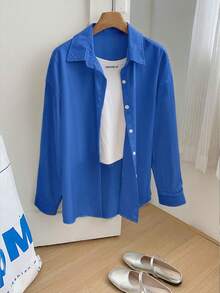 SHEIN Áo sơ mi tay dài trễ vai màu trơn cỡ lớn dành cho nữ, thường ngày/công sở - Xanh đậm - Xem 5