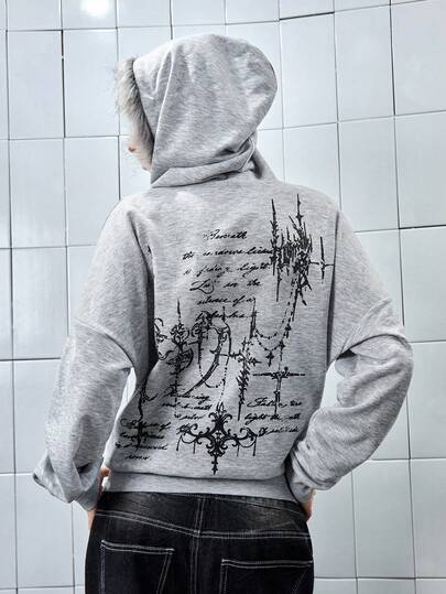 Street Chic Vintage Thorns Y2K Y3K Futuristic Tie-Dye Cross Print Zip Pocket Women Hoodie