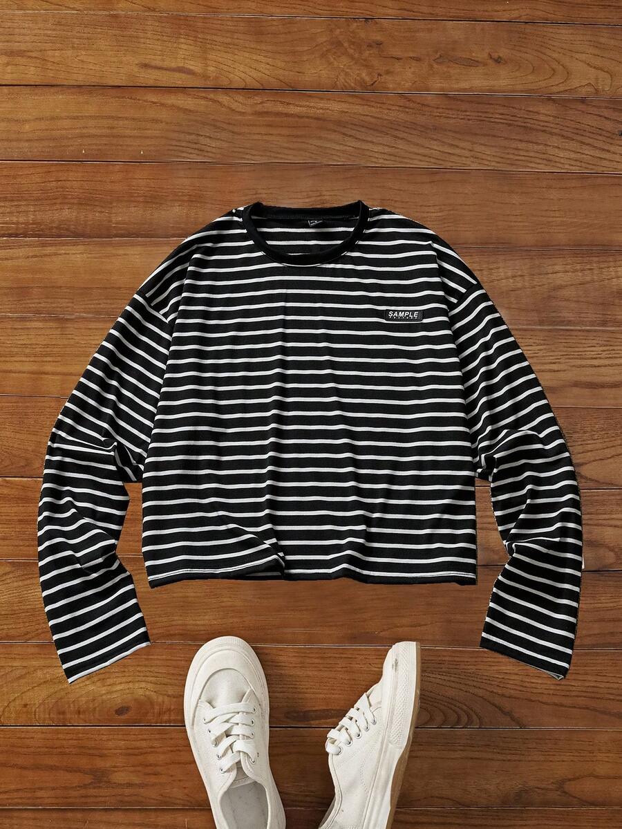 SWAVVY 男士休闲条纹长袖T恤，秋季款 - 黑色 - 查看 1