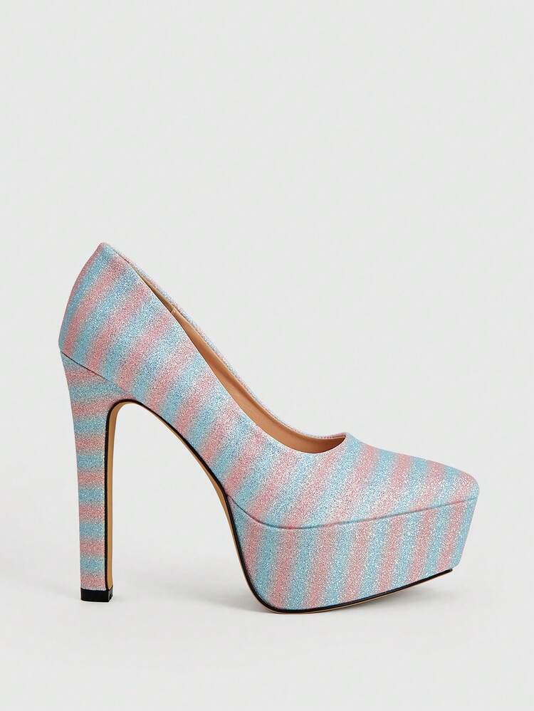 CUCCOO LuxiPop Women's Fashionable Elegant Party Glitter Stripe Waterproof Platform Pumps For Christmas