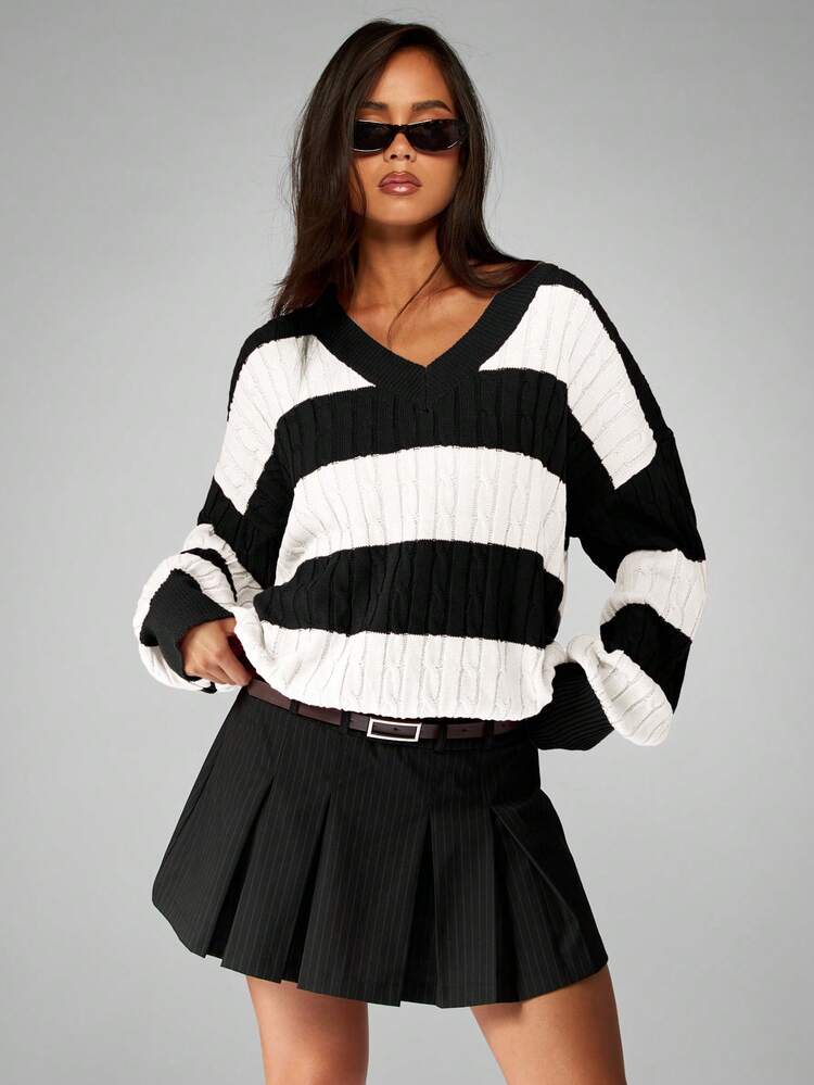 MISSGUIDED Oversized Cable Knit V-Neck Striped Sweater For Fall Winter Casual Pullover