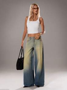 TRNVIE Quần jeans ống rộng cạp trễ cổ điển dành cho nữ - Màu xanh lam - Xem 5