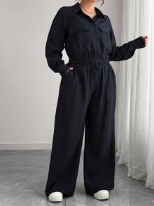 Elenzga 大码女式法式浪漫西西里优雅休闲通勤度假纯色棕色衬衫领隐形门襟松紧下摆长袖衬衫+松紧腰工装裤套装，春/秋/冬 - 藏蓝色 - 查看 4