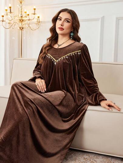 Al Najma Plusstorlek Långärmad Enfärgad Sammetsrunda Maxi Abayaklänning För Damer