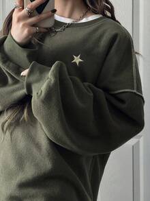 FRIFUL 女士休闲落肩长袖撞色线条图案衬衫，秋冬款 - 軍綠色 - 查看 5