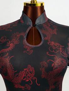 Mistrie Dragon Print Mesh Bodycon Mini Dress For Women,Red And Black,Summer,Seductive,Club Night Elegant Party Dresses,New Year's Eve Outfit,Black Skirt - Red - View 5