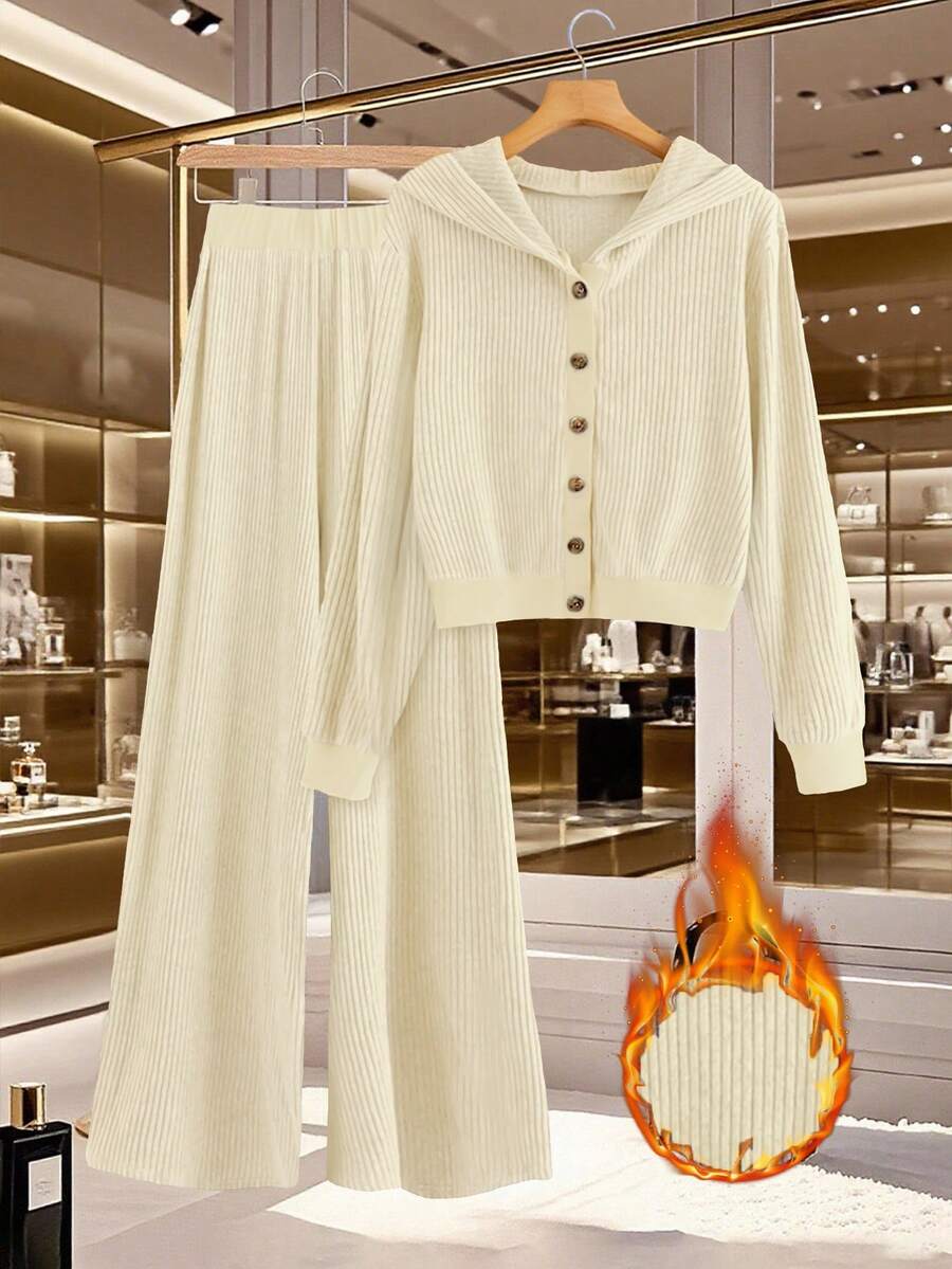 Franclia 女士休闲连帽开衫外套和阔腿裤两件套，抓绒罗纹家居服/运动服套装，秋季 - 杏色 - 查看 1