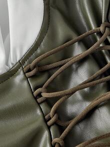 SHEIN MOD 女士绿白PU拼接灯笼袖衬衫 - 軍綠色 - 查看 3