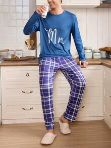 CoupledUp Valentine's Day Plaid Text Pattern Men's Loungewear Set, Winter Clothes - Multicolor - View 5