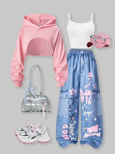 SHEIN ChillGRL Streecool 儿童休闲青少年女孩宽松街头风格牛仔印花裤、短款吊带背心、长袖连帽网眼衬衫三件套服装，时尚