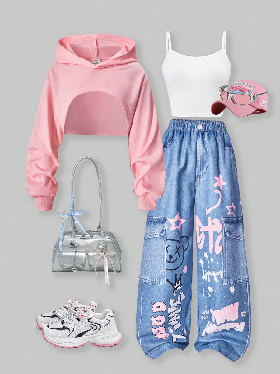 SHEIN ChillGRL Streecool 儿童休闲青少年女孩宽松街头风格牛仔印花裤、短款吊带背心、长袖连帽网眼衬衫三件套服装，时尚