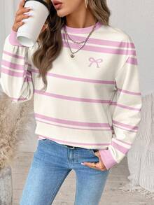 SHEIN LUNE 休闲简约印花圆领宽松女式卫衣长袖上衣秋冬女装蝴蝶结休闲款 - 彩色 - 查看 6