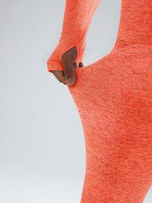 SHEIN Young Girls 2pcs Set, Round Neck Long Sleeve Backless Hollow Design Top And Skinny Pants, Casual Everyday Wear, Autumn Winter Fall Winter, Yoga, Gym - Burnt Orange - View 6