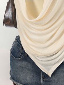 Amplova Y2K Women's Draped Neck Double Layer Blouse With Asymmetric Hem And Side Ruching Draped Top Fashion Cream Women Woman Scarf Top,Party Dresses For Women - Apricot - View 6