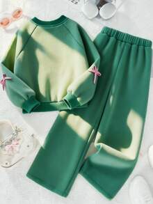 SHEIN Tween Girls 2pcs/Set Round Neck Sweatshirt Set,Green And Pink,Autumn,Cute,School,Back-To-School Long Sleeve Ribbed Knit Pants With Side Ribbon Bow - Green - View 2