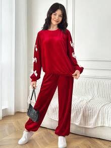 SHEIN Bộ 2 món/Bộ đồ lót nhung cổ tròn thoải mái, rộng rãi, dễ thương kèm quần có nơ trang trí cho bé gái tuổi teen - Đỏ - Xem 6