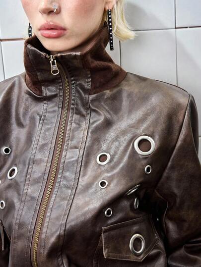 ROMWE Avant Kpop Vintage Street-Style Distressed PU Biker Jacket For Women