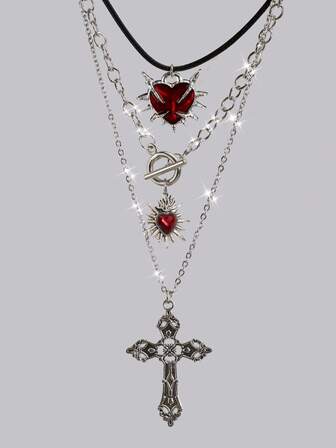 Grunge Punk 3pcs Gothic Style Black Beaded, Red Thorn Rose, Cross & Heart Pendant Necklace Set For Women