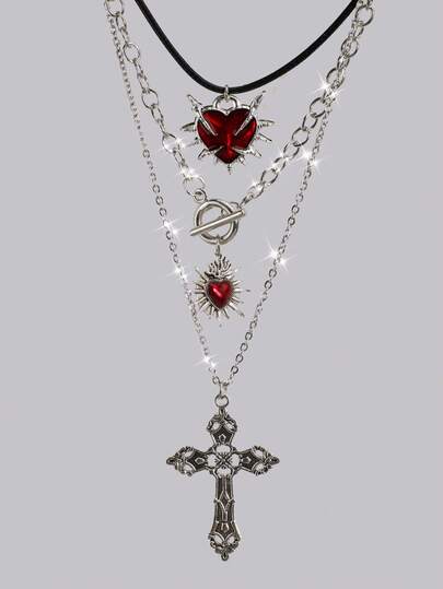 Grunge Punk 3pcs Gothic Style Black Beaded, Red Thorn Rose, Cross & Heart Pendant Necklace Set For Women