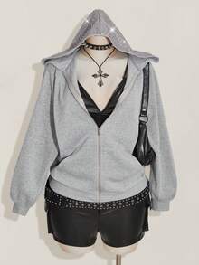 SHEIN ICON 大码女式长袖拉链亮片休闲卫衣/冬季 - 灰色 - 查看 1
